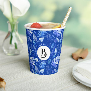 Monogram, Cobalt Blue Tropical Leaves Pattern 8oz Paper Cups