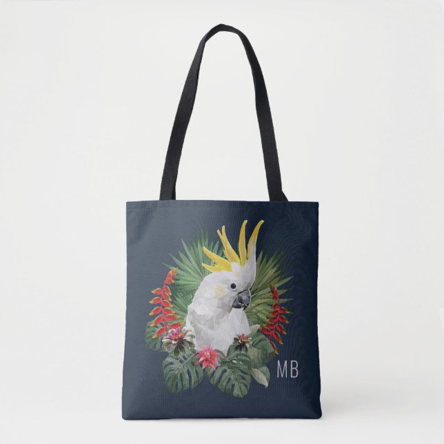 Monogram Cockatoo Bird Tropical Flowers Stylish Tote Bag (Front)