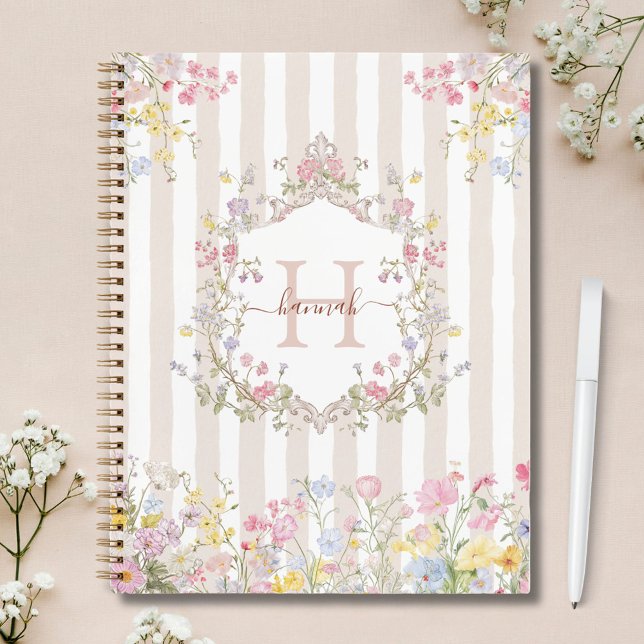 Monogram Colorful Floral Rococo Style Stripes Notebook (In situ)