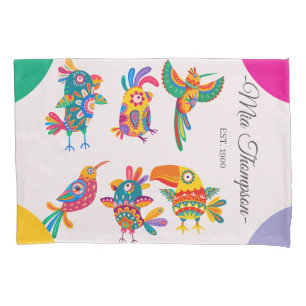 Monogram colorful folk art birds Pink Green yellow Pillowcase