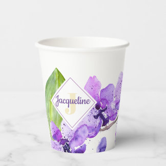 Monogram Colorful Watercolor Orchid design Paper Cups