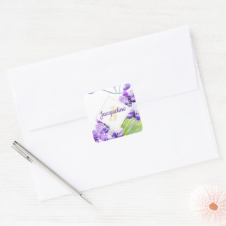Monogram Colorful Watercolor Orchid design Square Sticker
