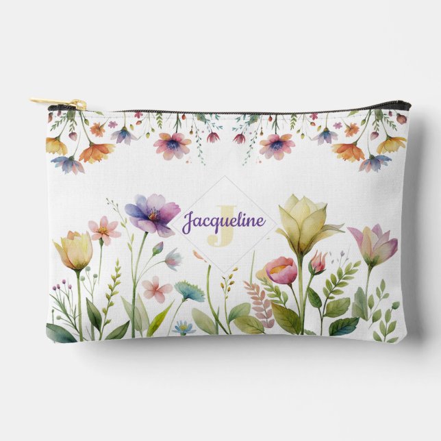 Monogram Colorful Wild Flower Illustrated Accessory Pouch (Front)