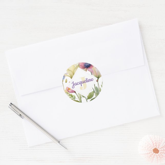 Monogram Colorful Wild Flower Illustrated Classic Round Sticker (Envelope)
