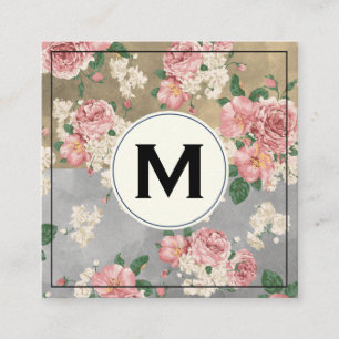 Monogram Colour Blocks Vintage Floral Pattern Square Business Card