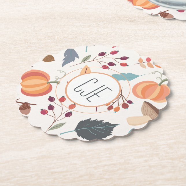 Monogram, Colourful Autumn Pattern Scallop Paper Coaster (Angled)