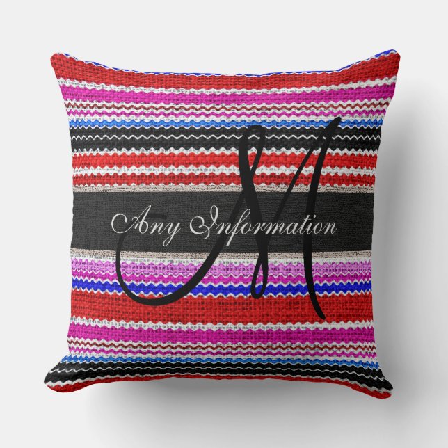 Monogram Colourful Chevron Stripes Burlap Rustic Cushion (Front)