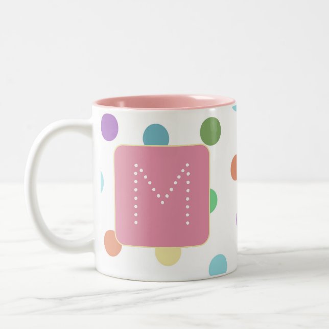 Monogram Colourful Dots Pattern Two-Tone Coffee Mug (Left)