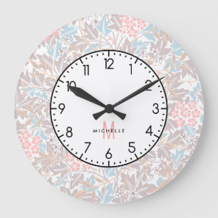 Monogram Colourful Floral Modern Vintage Blue Pink Large Clock