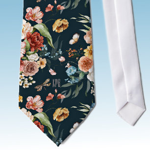 Monogram Colourful Floral Pattern on Oxford Blue Tie