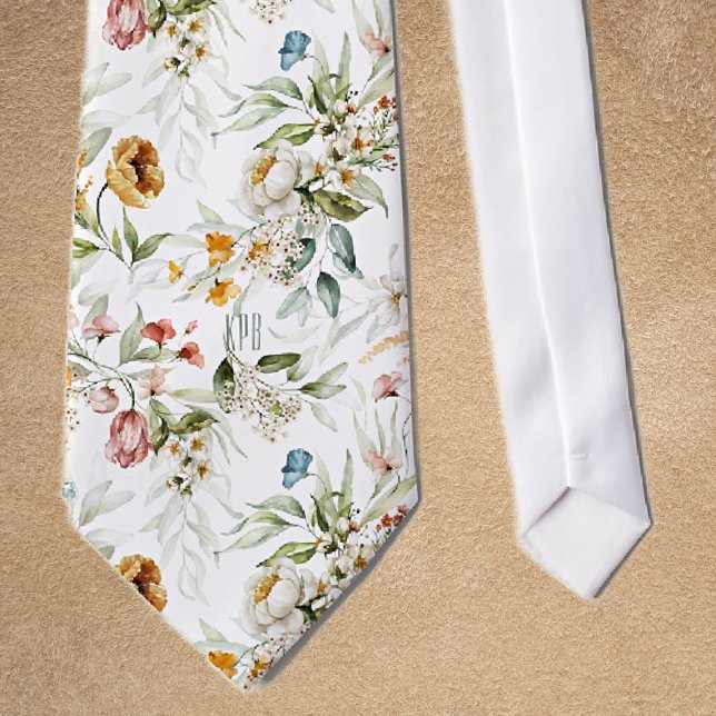 Monogram Colourful Floral Pattern on White Neck Ti Tie (Creator Uploaded)