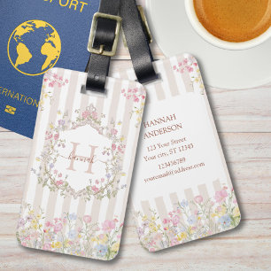 Monogram Colourful Floral Rococo Art Stripes Luggage Tag