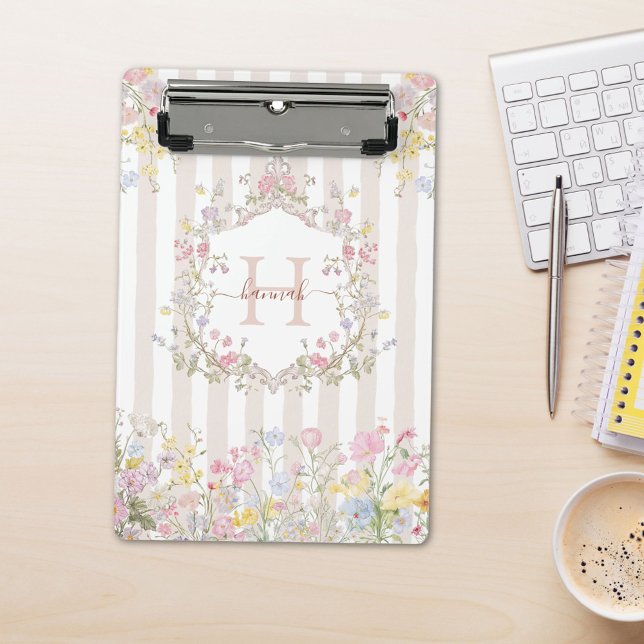 Monogram Colourful Floral Rococo Style Stripes Mini Clipboard (In situ)