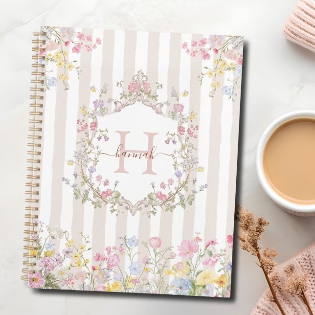 Monogram Colourful Floral Rococo Style Stripes Planner (In situ)