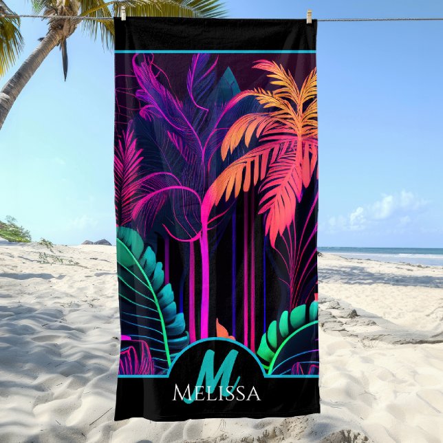 Monogram Colourful Neon Black Tropical Palm Beach Beach Towel (Creator Uploaded)
