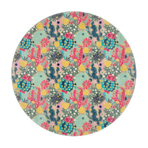 Monogram Colourful Polka Dot Cactus Pattern Cutting Board