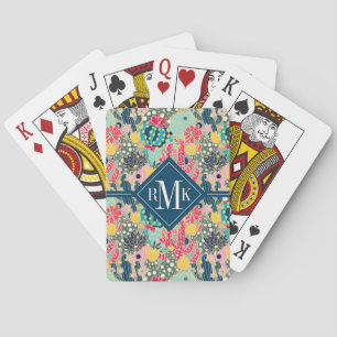 Monogram Colourful Polka Dot Cactus Pattern Playing Cards