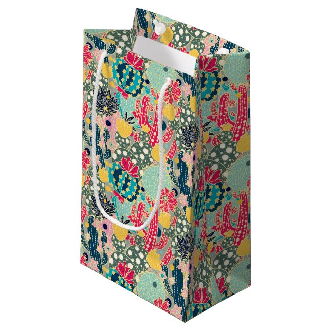 Monogram | Colourful Polka Dot Cactus Pattern Small Gift Bag (Front Angled)