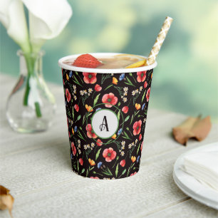 Monogram Colourful Poppies & Wildflowers Pattern Paper Cups