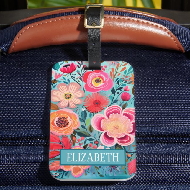 Monogram Colourful Stylish Floral Pattern Luggage Tag (Front Insitu 2)