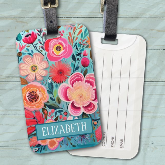 Monogram Colourful Stylish Floral Pattern Luggage Tag (A pretty bright floral monogram luggage tag. Personalize it with your name.)