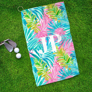 Monogram Colourful Tropical Leaves Custom Golf Towel