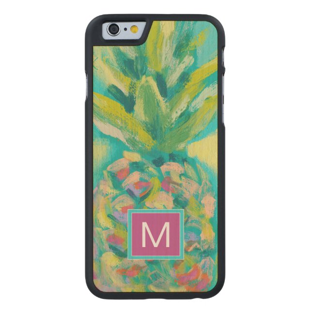 Monogram | Colourful Tropical Pineapple Carved Wood iPhone Case (Back)