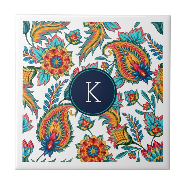 Monogram Colourful Vintage Floral Paisley Tile (Front)
