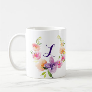 Monogram Colourful Watercolors Flowers Wreath Coffee Mug
