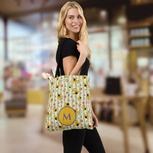 Monogram Coneflower Butterfly Floral Patterned Tote Bag