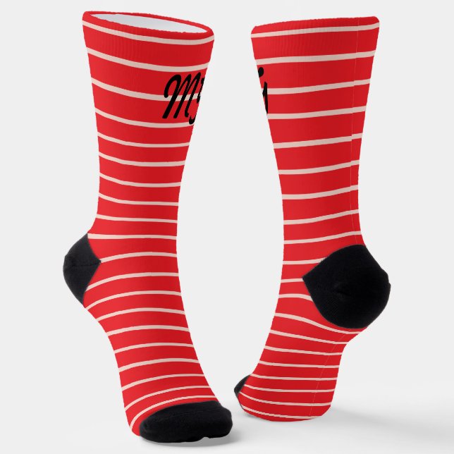 Monogram cool black fonts on red stripes Modern Socks (Angled)