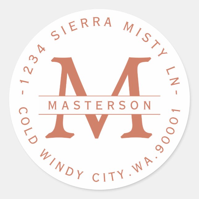 Monogram Copper Text Circular Return Address Label (Front)