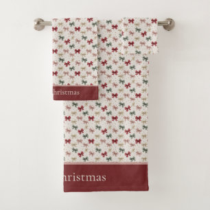 Monogram Coquette Christmas Bows Pink Red Green Bath Towel Set
