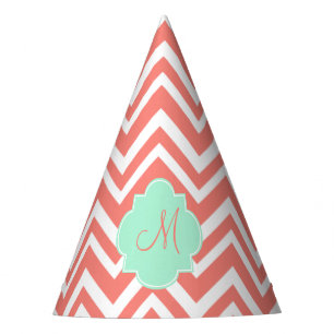 Monogram Coral and White Chevron with Mint Green Party Hat
