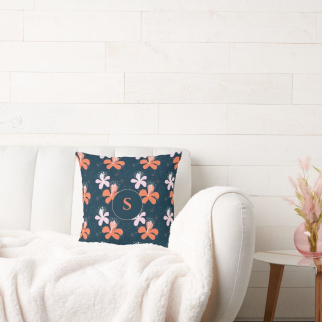Monogram Coral Blush Hibiscus Pattern Cushion (Couch)