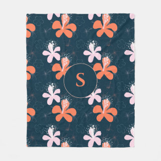 Monogram Coral Blush Hibiscus Pattern Fleece Blanket