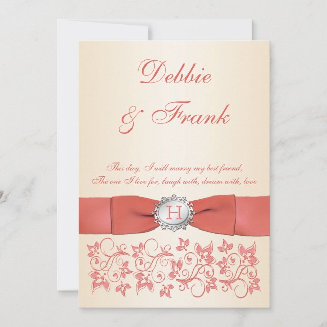 Monogram Coral Champagne Floral Wedding Invitation (Front)