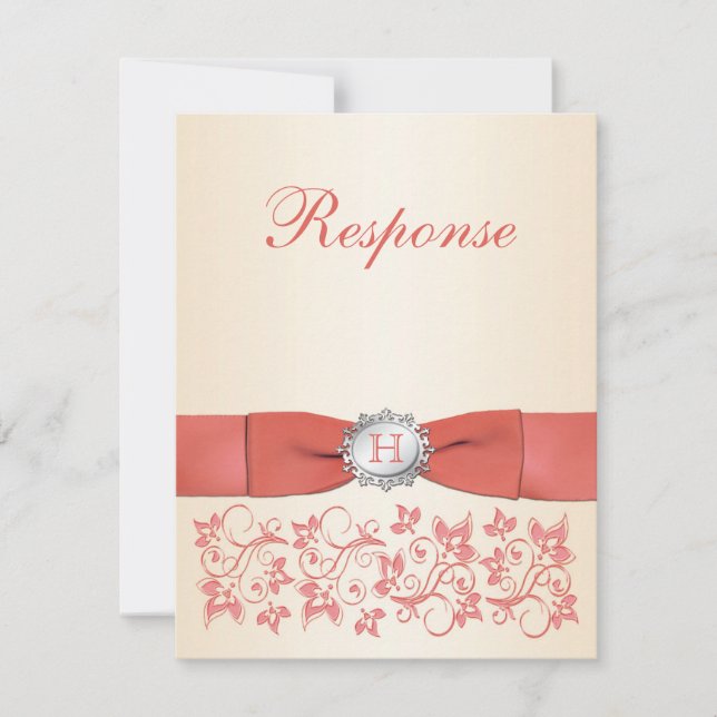 Monogram Coral Champagne Floral Wedding RSVP Card (Front)