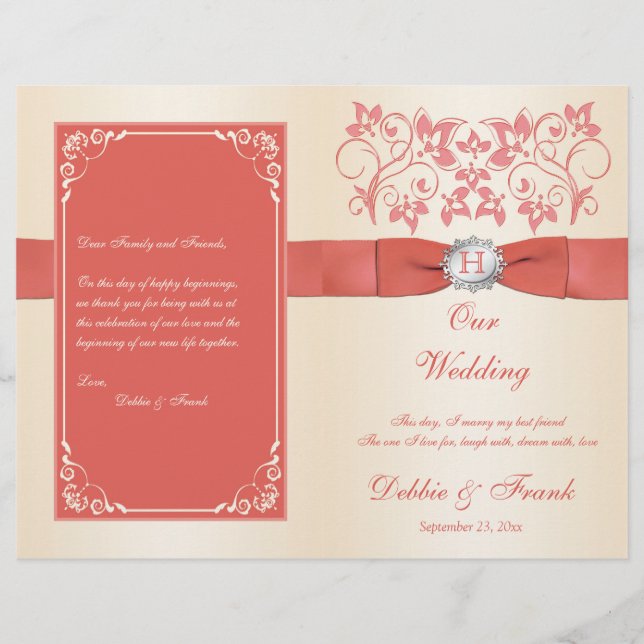 Monogram Coral, Champagne Wedding Program (Front)