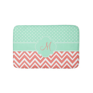 Monogram Coral Chevron with Mint Polka Dot Pattern Bath Mat