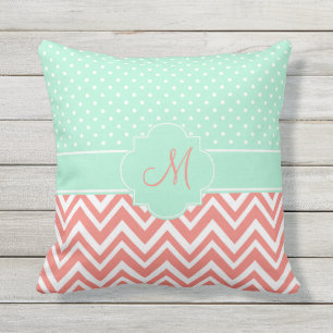 Monogram Coral Chevron with Mint Polka Dot Pattern Cushion