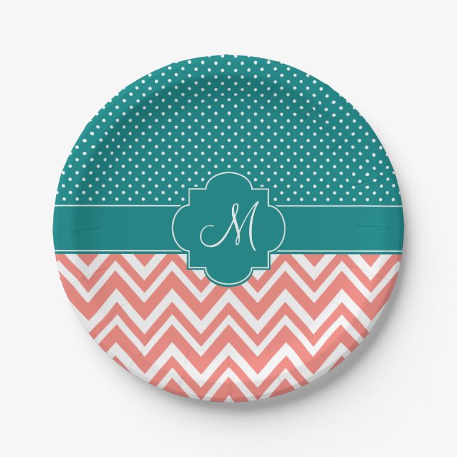 Monogram Coral Chevron with Teal Polka Dot Pattern Paper Plate (Front)