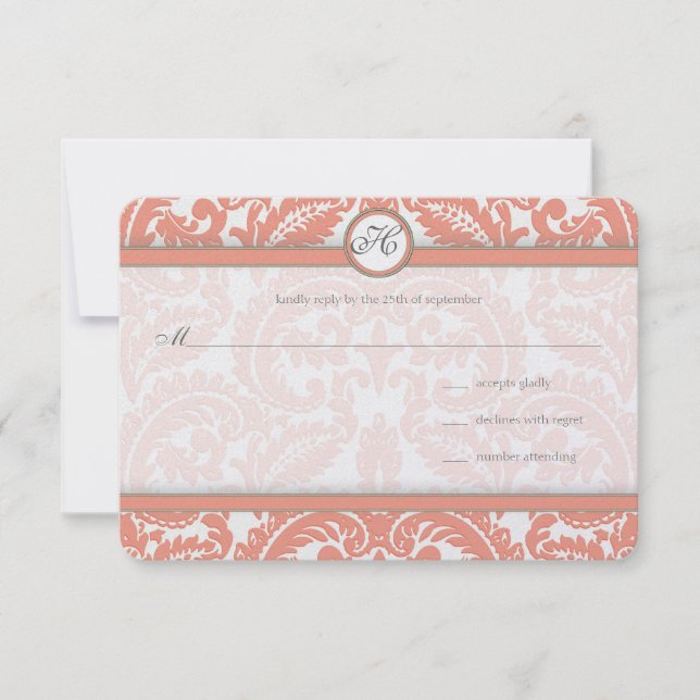 Monogram Coral & Grey Damask  Wedding RSVP Card (Front)