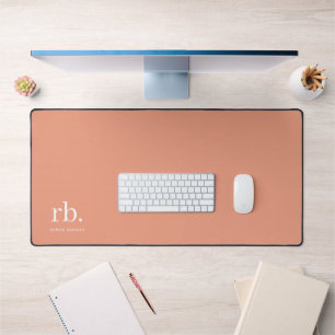 Monogram Coral Peach Elegant Feminine Minimalist Desk Mat