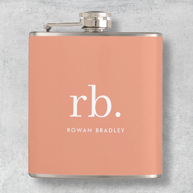 Monogram Coral Peach Elegant Feminine Minimalist Hip Flask (Feminine stylish coral peach unique monogram flask.)