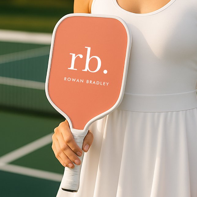 Monogram Coral Peach Elegant Feminine Minimalist Pickleball Paddle (Feminine stylish coral peach unique monogram pickleball paddles.)
