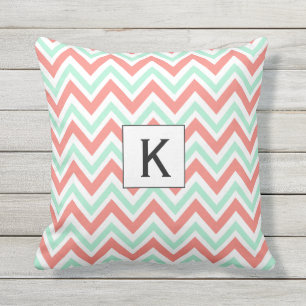 Monogram Coral Pink and Mint Green Chevron Pattern Outdoor Cushion