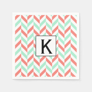 Monogram Coral Pink and Mint Green Herringbone Napkin