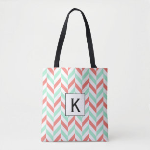 Monogram Coral Pink and Mint Green Herringbone Tote Bag
