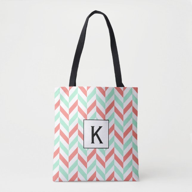 Monogram Coral Pink and Mint Green Herringbone Tote Bag (Front)